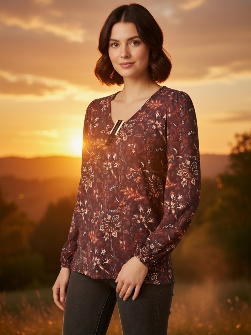 NWT Preswick & Moore Burgundy Floral V-Neck Long Sleeve Blouse Sz XL